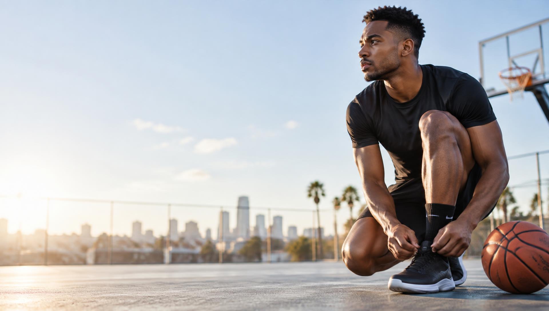 Athlète sur un terrain de basket extérieur en plein soleil